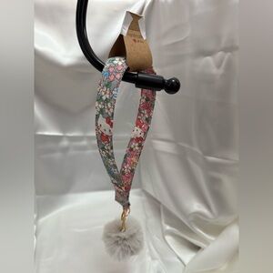 Handmade Kitty and Floral Wristlet Keychain with Gray Pompom